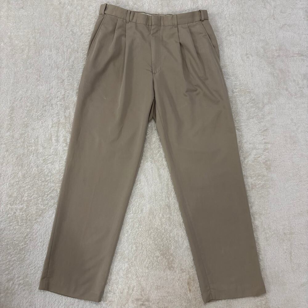 Preswick & Moore Mens 34x32 Khaki Dress Pants Pleated Front Polyester Rayon